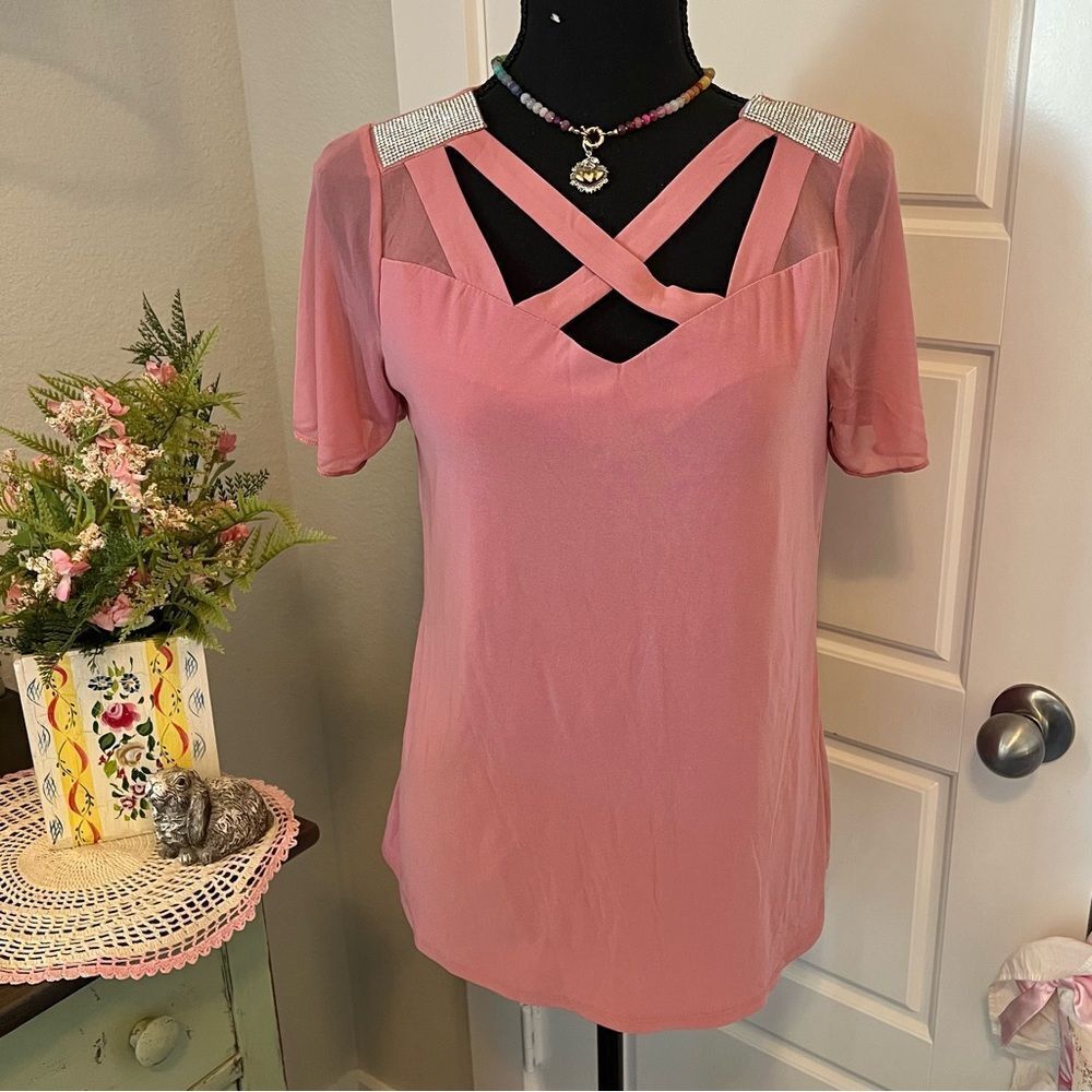 Adele & May NWT Blush Pink Rhinestone Cross Cross Neck Mesh Sleeve Blouse Sz M